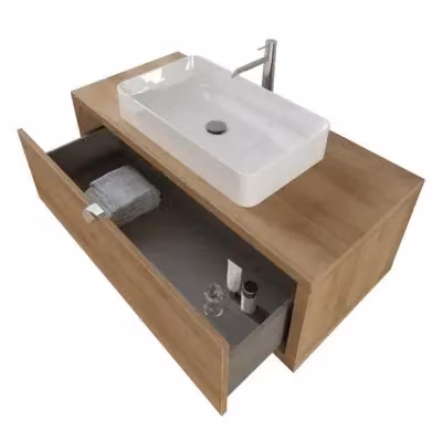 Mobile bagno sospeso Master in rovere color marrone con lavabo e specchio con illuminazione LED L: 110 cm, P: 50 cm, H: 40 cm – 2