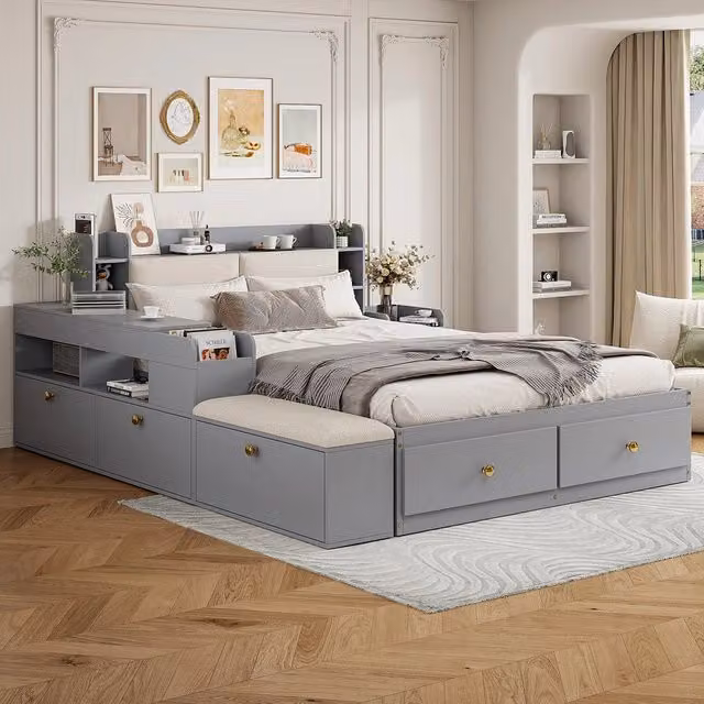 Letto Contenitore Matrimoniale in Legno Massello con Cassetti e Comodino ¨C MINIMAL ¨C Grigio 140x200