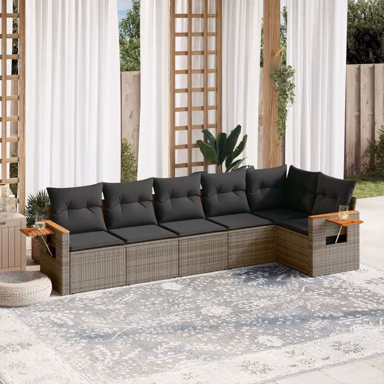 vidaXL Set Divano da Giardino a L in Polyrattan Grigio con 6 Pezzi e Cuscini Imbottiti