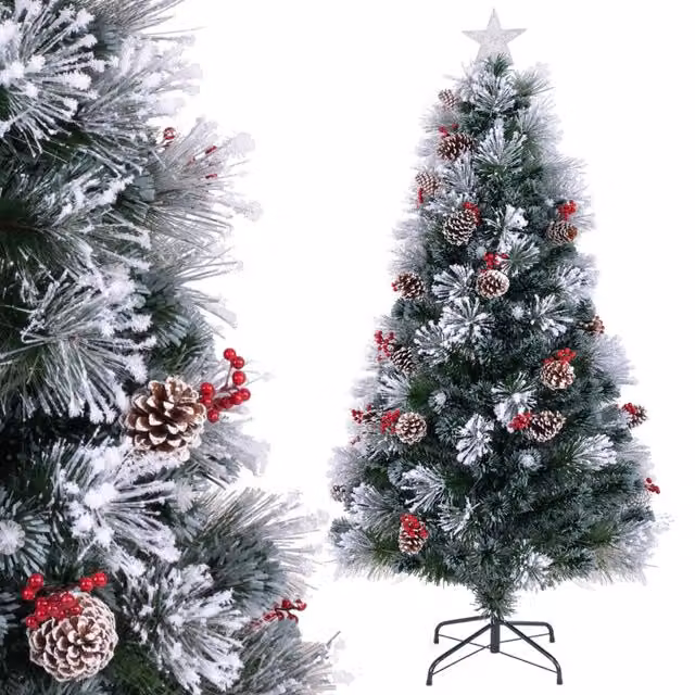 Albero di Natale artificiale floccato verde con 220 rami effetto ago di pino e 63 luci LED bianco caldo, Altezza: 180 cm