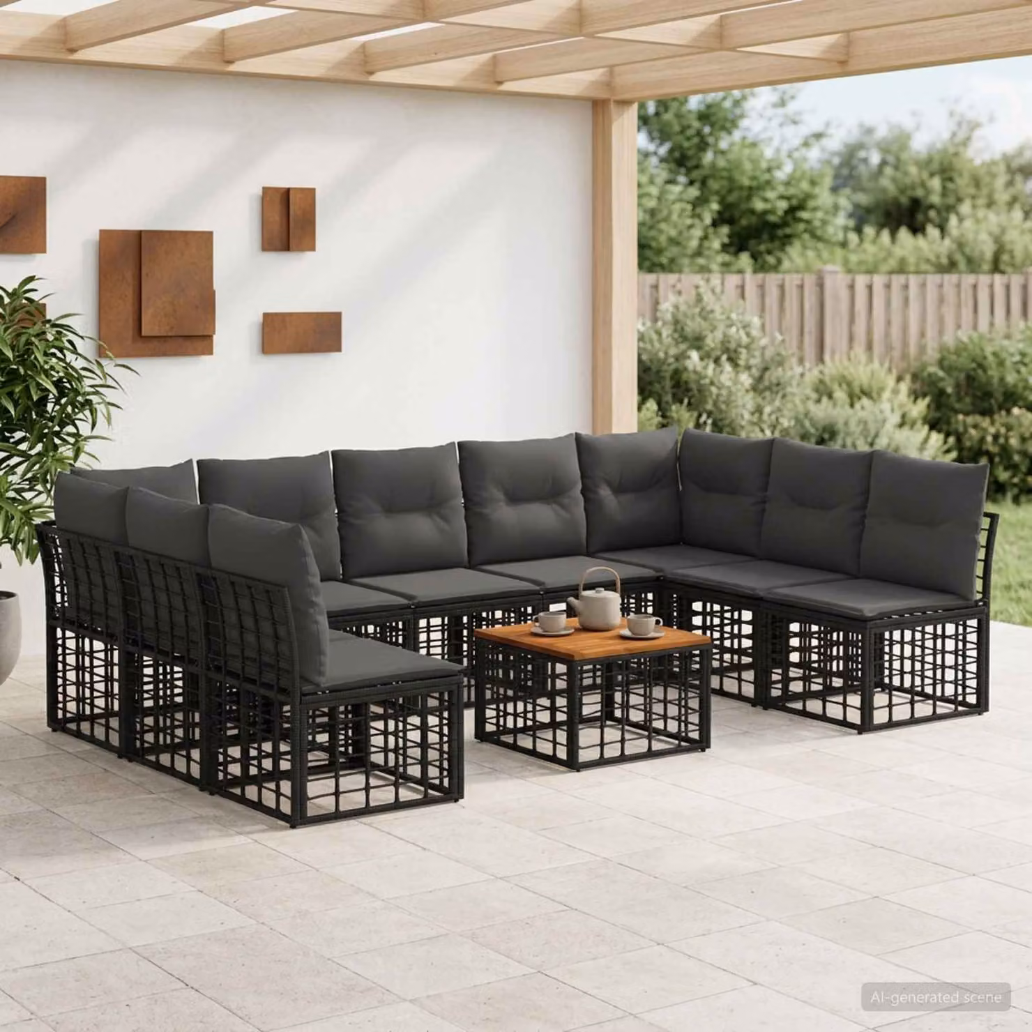 Set di divani da esterno vidaXL a forma di U composto da 10 pezzi con tavolino e cuscini, struttura in metallo e tessuto nero e grigio multicolore per giardino e terrazza