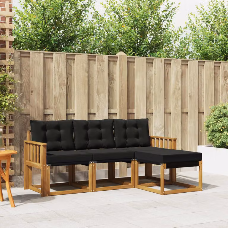Set di divani da esterno a L vidaXL in legno di acacia con cuscini e pouf, Marrone e Nero