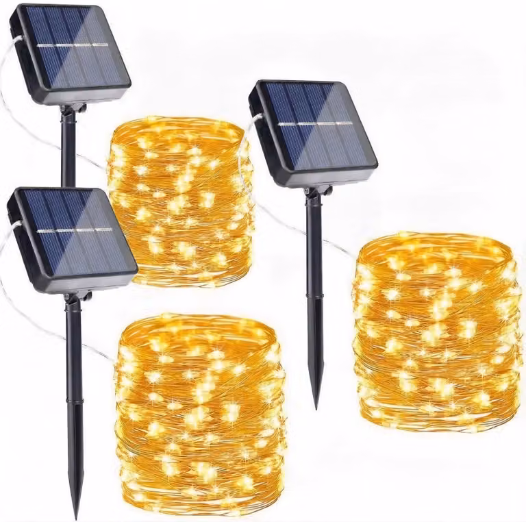 Set di 3 catene luminose solari, lunghezza 12 metri, 120 LED, luce bianco caldo, grado di protezione IP65