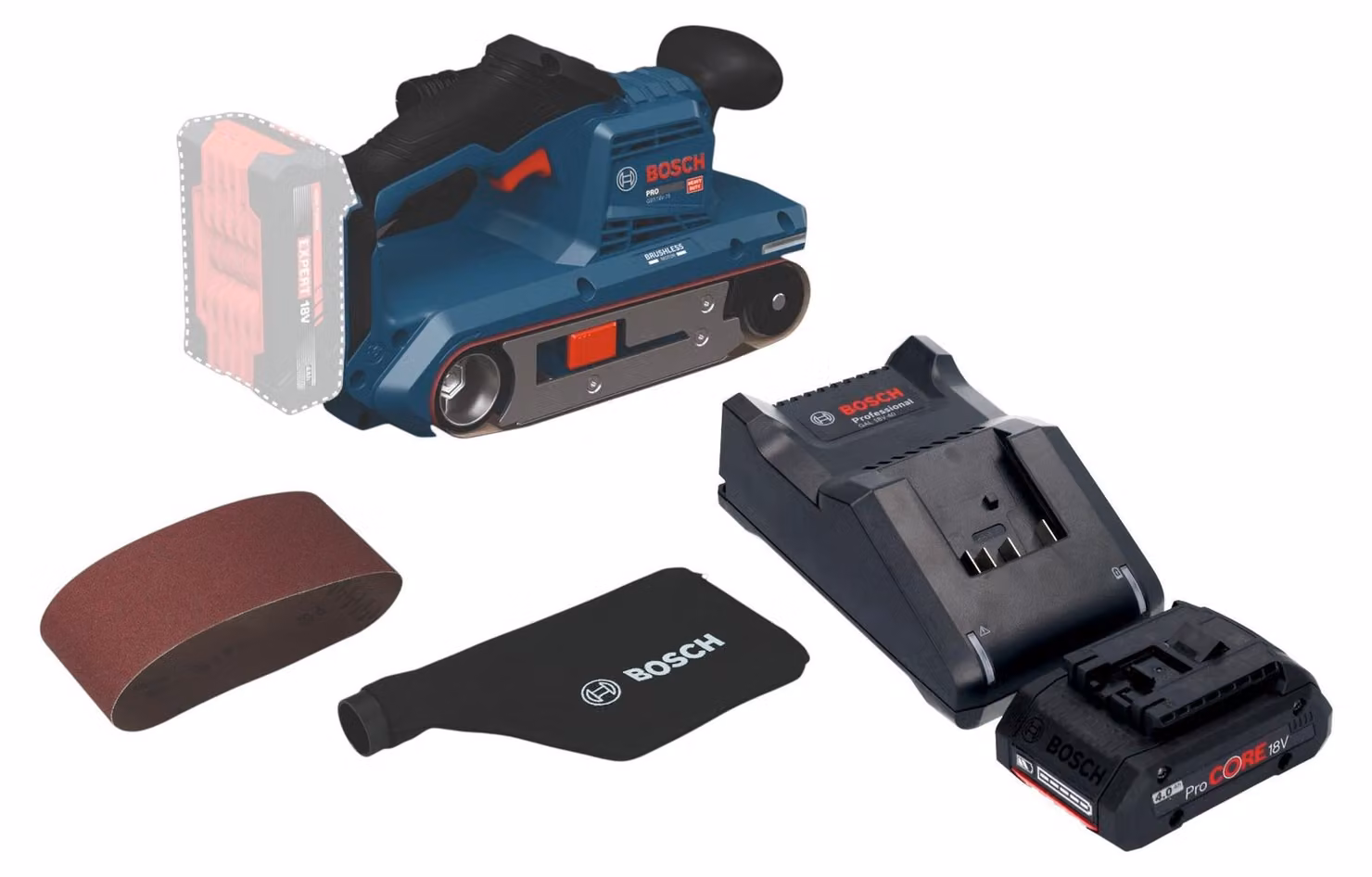 Levigatrice a nastro a batteria Bosch GBS 18V-75 18 V 76 x 533 mm Brushless + 1x batteria ProCORE 4,0 Ah + caricabatterie