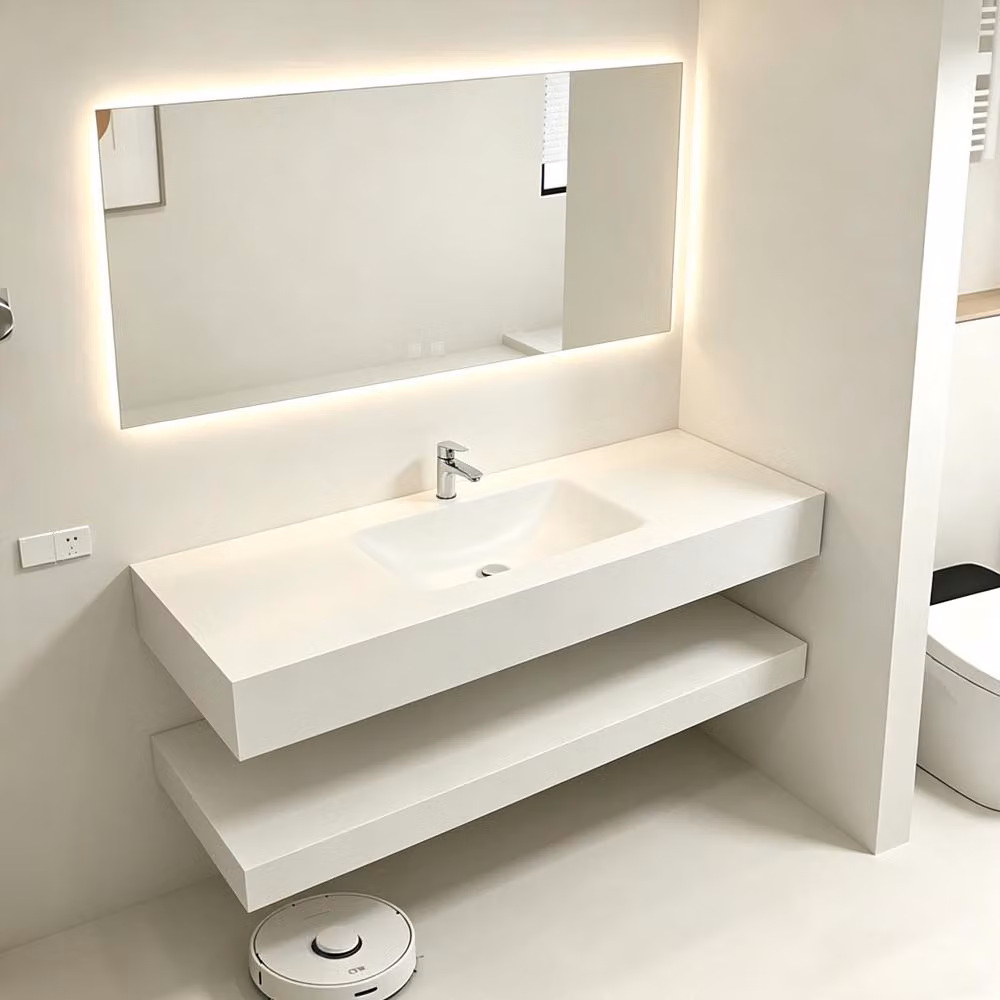 Lavabo con specchio a LED in pietra sinterizzata con ripiano, beige, 130 x 55 cm 【RWCB303-130】