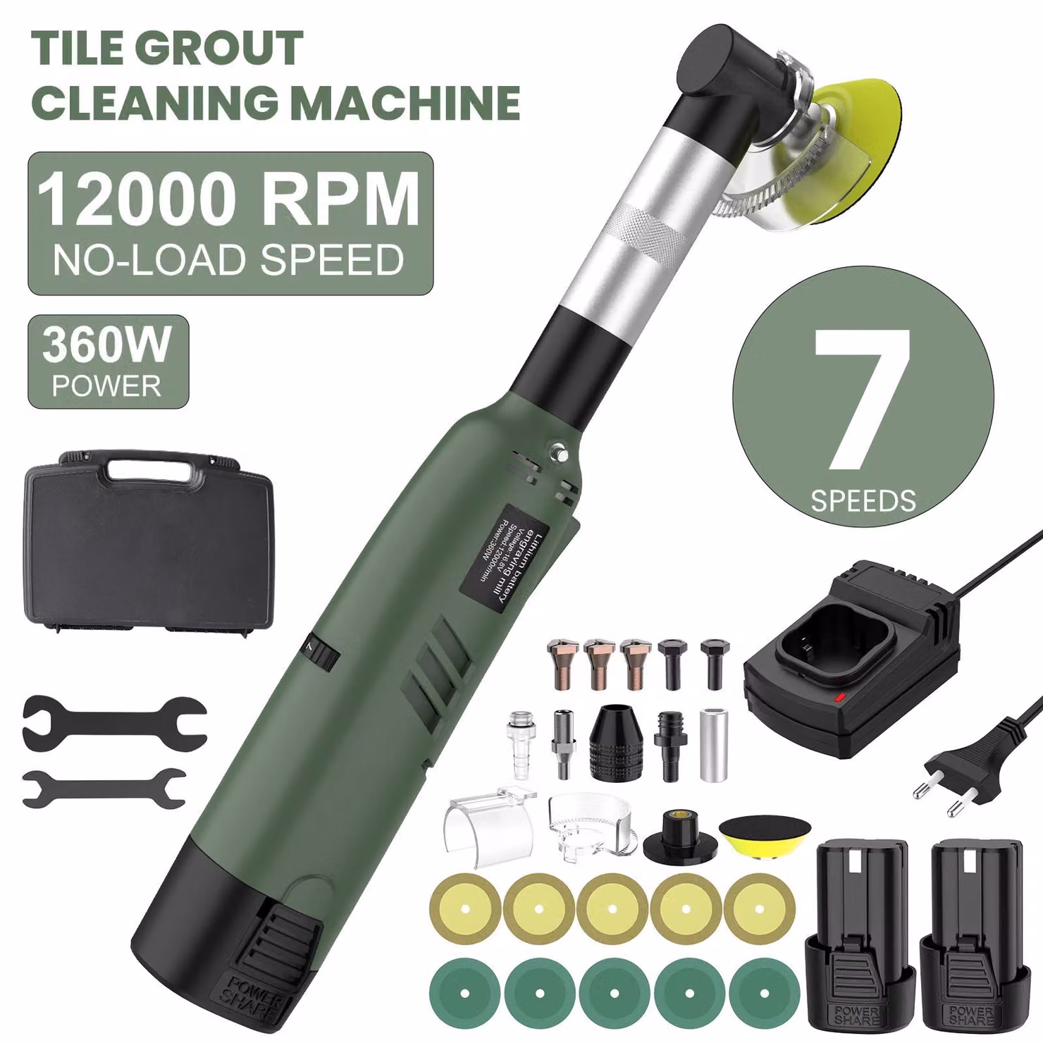 Dispositivo per la pulizia delle fughe delle piastrelle - Pulitore multifunzione senza fili - Angolo di 90° - 7 velocità - 12000 giri/min - 360 W - Batteria da 16,8 V inclusa - 1 set