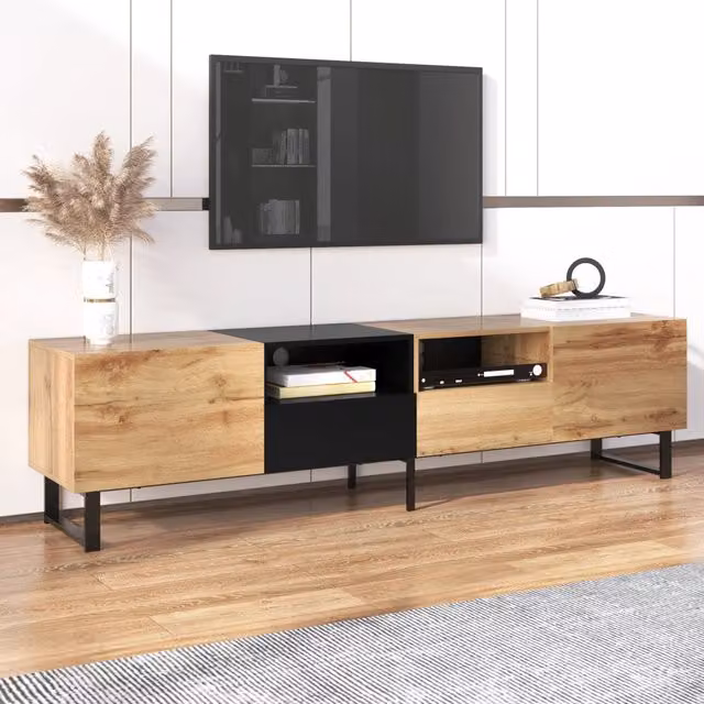 Mobile TV Mivray moderno con 2 ante e 2 cassetti, finitura nero e legno naturale, L 190 x P 38 x H 48 cm
