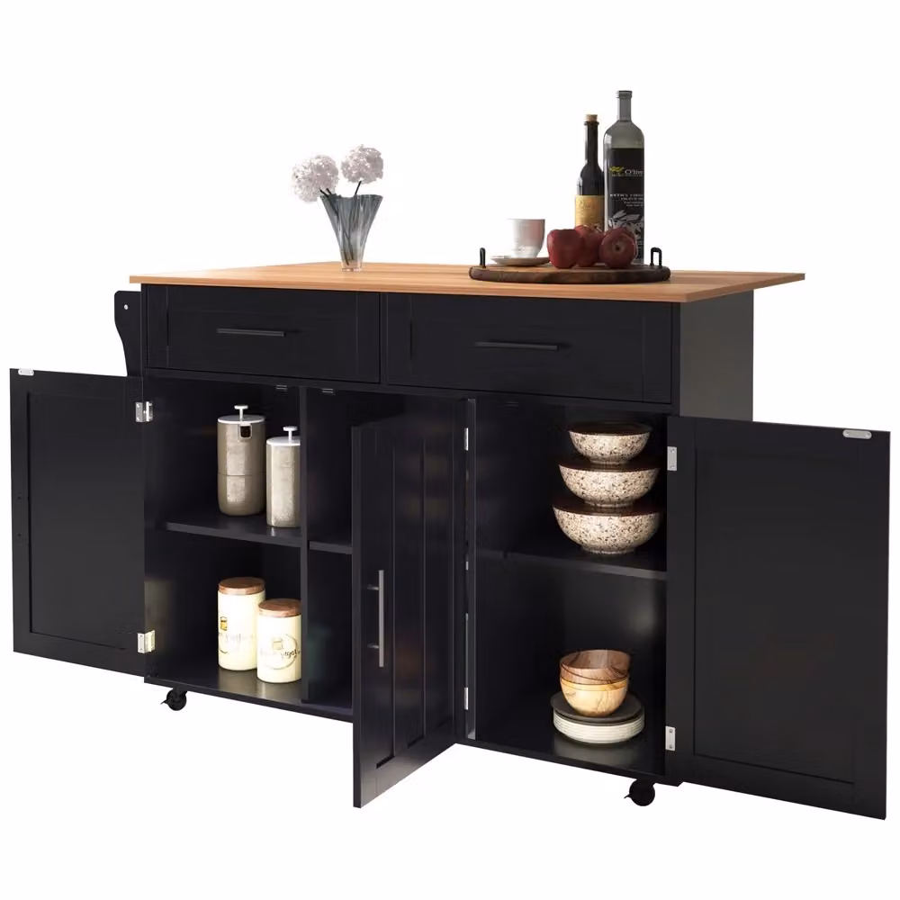 Carrello da Cucina Minimal con Tavolo Pieghevole Nero, 2 Cassetti e 5 Ruote, L 129 cm x P 71 cm x H 91,5 cm – 2