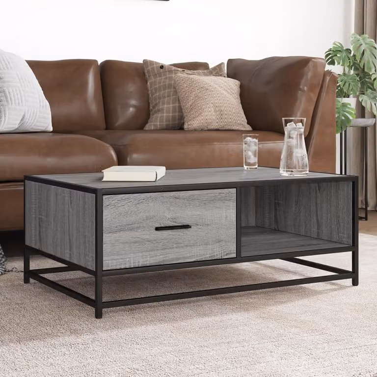 Tavolino da soggiorno vidaXL in stile industriale, colore grigio, realizzato in legno e metallo, L 90 cm x P 57 cm x H 35 cm