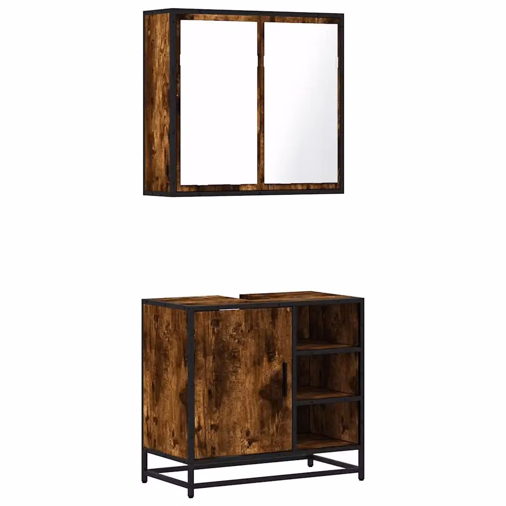 Set Mobili da Bagno Industrial vidaXL in Legno e Metallo Marrone con Armadietto Specchio e Mobile Lavabo L/P/H: 65 x 33 x 60 cm – 2