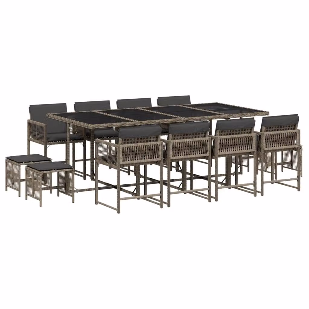 Set da Pranzo da Giardino 13pz con Cuscini Grigio in Polyrattan