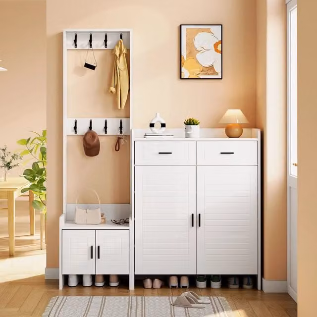 Combinazione mobile da ingresso SINGULARTY con appendiabiti, scarpiera e 2 cassetti, bianco opaco, L: 125 cm, P: 36 cm, H: 165 cm