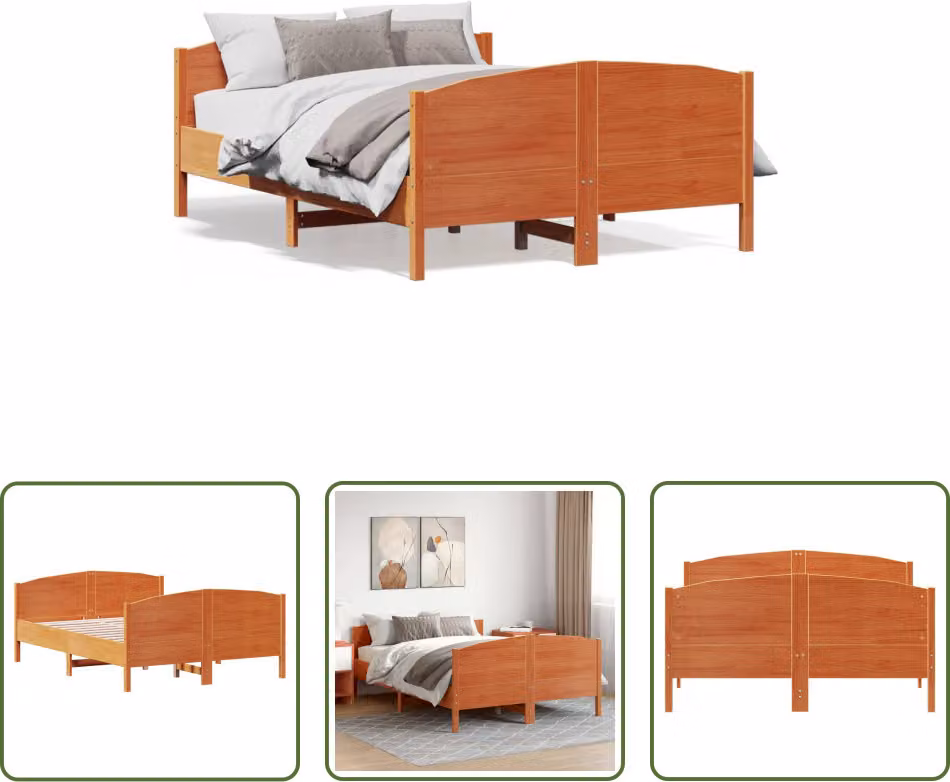 The Living Store Letto in legno massiccio con testiera marrone cera 140x190 cm pino