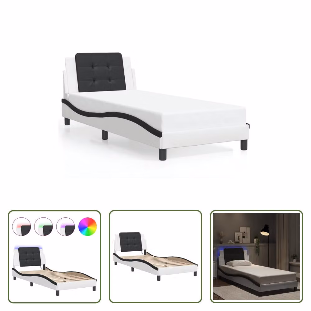 The Living Store Struttura letto con LED bianco e nero 80x200 cm in ecopelle
