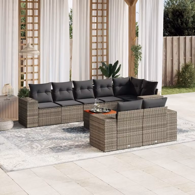 vidaXL Set Divano da Giardino a L 9 pz in Polyrattan Grigio con Cuscini e Tavolino