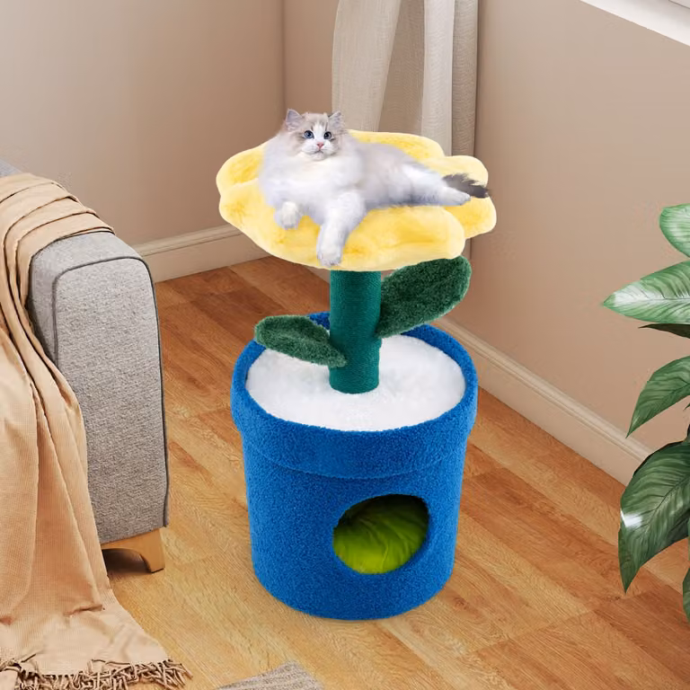 Albero per gatti da interno Costway con posatoio a forma di fiore e centro attività versatile, Giallo
