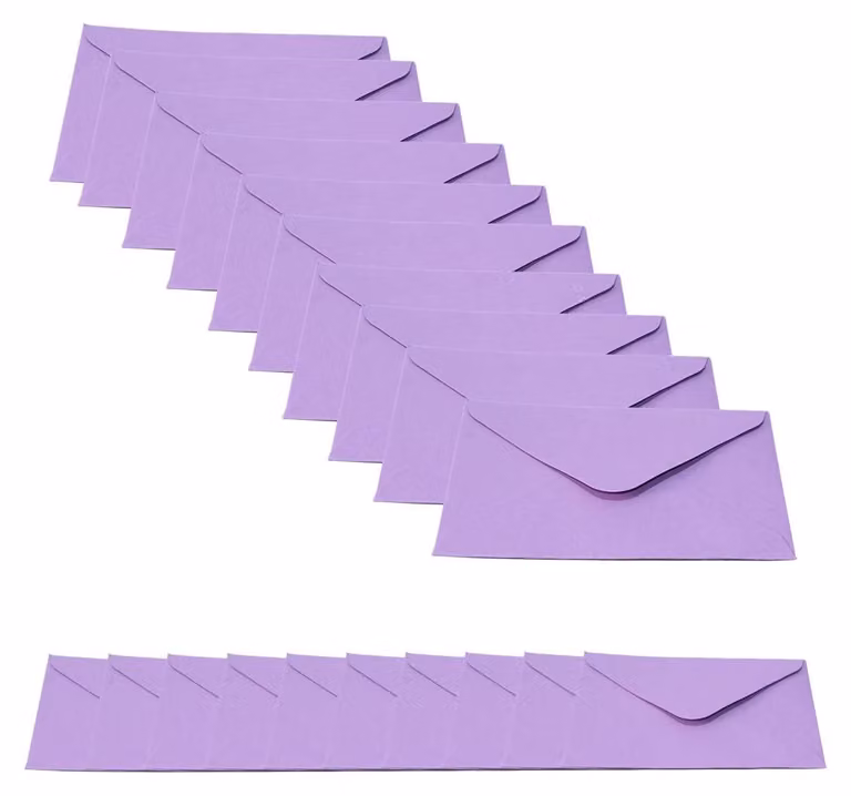 20 buste di carta kraft color lavanda, dimensioni 13,5x18,5 cm, con chiusura a patella in gomma