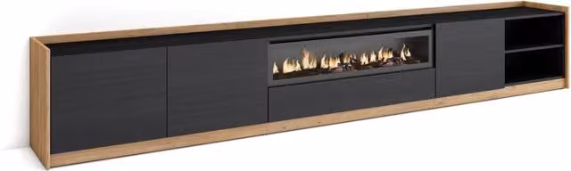Mobile TV Soggiorno, 310x50x37 cm, Per TV fino a 80", Camino elettrico, Nero e rovere