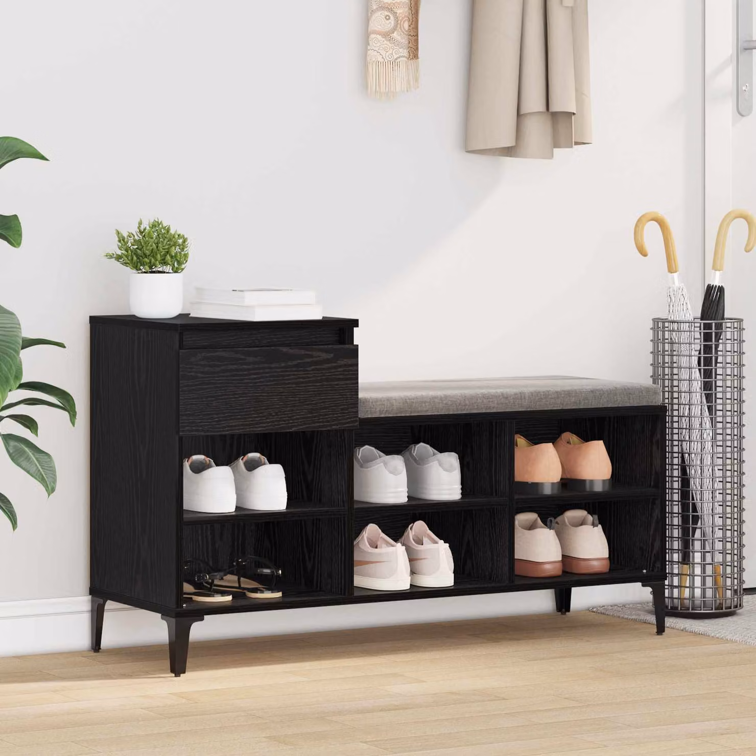 Scarpiera mobile vidaXL in stile industrial in legno ingegnerizzato e metallo, colore nero, L: 102 cm, P: 36 cm, H: 60 cm