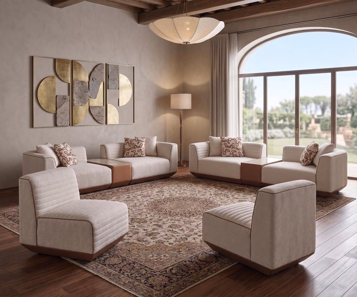 Divano beige imbottito per soggiorno, design moderno, divano multifunzionale con 2 poltrone