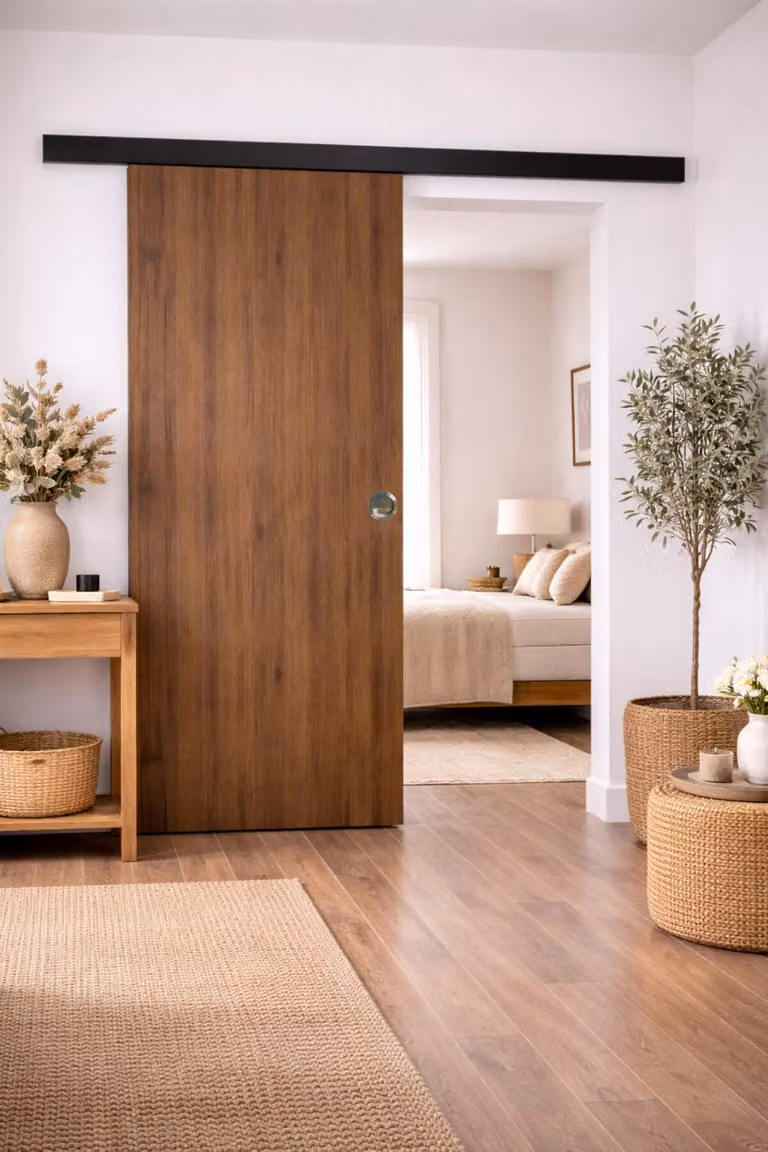 Porta scorrevole Light Walnut H204 x L73 cm, binario in alluminio con banda nera, conchiglie Gd Menuiseries