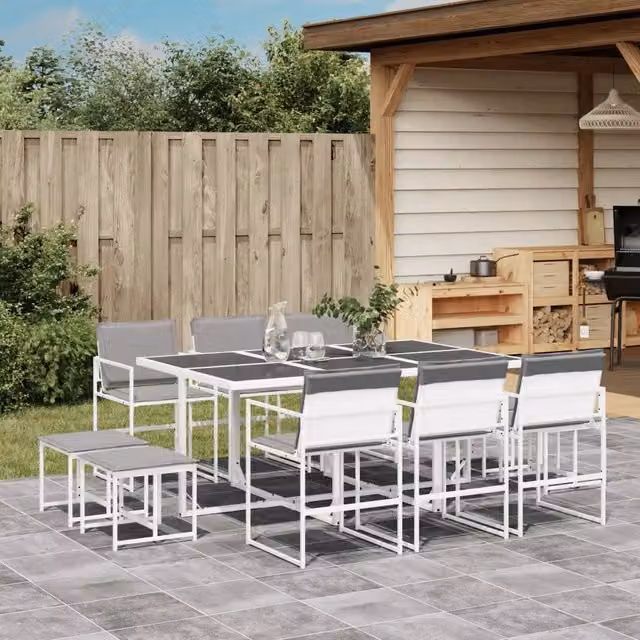 Set da Pranzo da Giardino 11 pz con Cuscini Bianco in Textilene 3295099