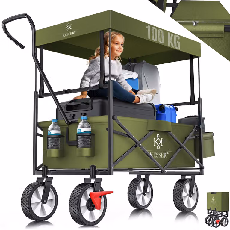 Carrello pieghevole KESSER® con tettuccio | Carrello a mano | Carrello da trasporto | Carrello portaattrezzi | Incl. 2 tasche a rete e 1 tasca esterna | Pieghevole | Pneumatici in gomma piena | Portata fino a 100 kg | Con freno sulla ruota anteriore