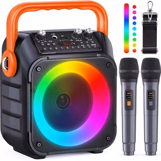 Macchina karaoke portatile con due microfoni wireless - Altoparlante Bluetooth trasportabile con sistema PA - Illuminazione a LED - Supporto TF-kaart/USB