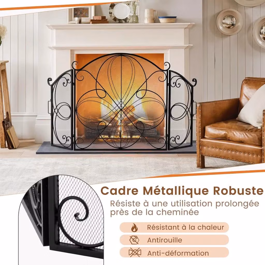 Paraschintille per camino Costway a 3 ante con motivo floreale, Nero, L: 151 cm, H: 83 cm, P: 4 cm – 2