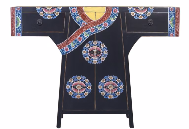 Fine Asianliving Mobile Kimono cinese dipinto a mano nero W120xD35xH87cm Mobile Cinese per Matrimonio Mobile Orientale Mobili Asiatici