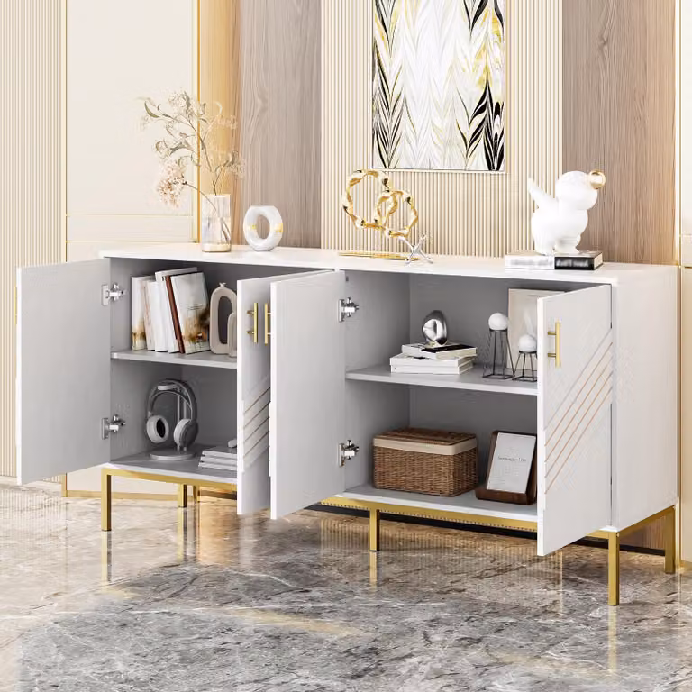 mobile da cucina okwish di grande capacità, mobile contenitore con gambe in metallo e ripiani regolabili in altezza, pratico mobile per soggiorno, sala da pranzo e corridoio, bianco e oro