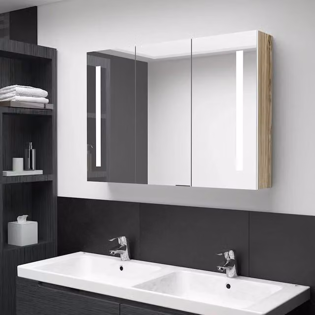 Armadietto da bagno Design Mania con specchio e illuminazione LED, Bianco e Marrone, L: 89 cm, P: 62 cm, H: 14 cm