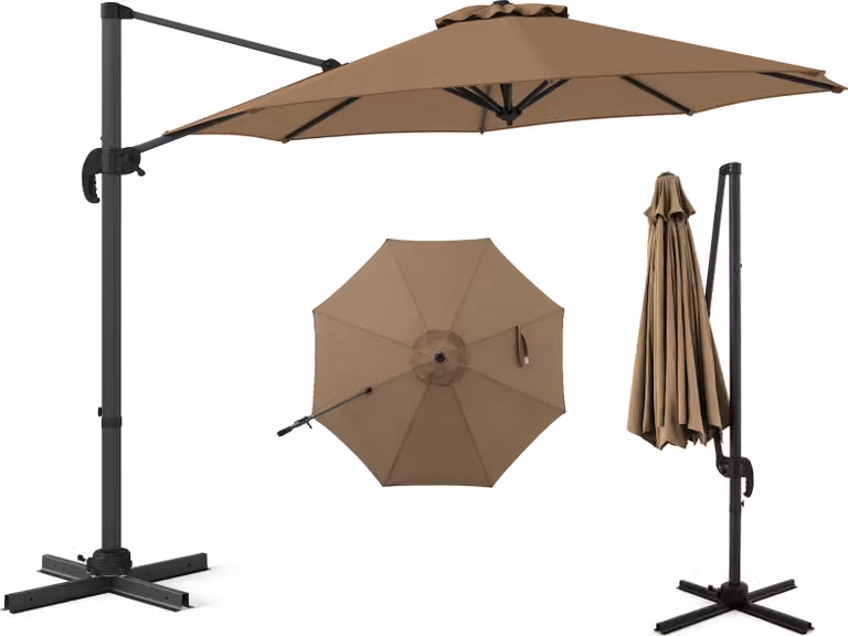 Ombrellone COSTWAY 300x300cm, ombrellone a sbalzo con manovella, ombrellone da giardino inclinabile, ruotabile a 360°, ombrellone grande da patio, ombrellone rotondo da mercato marrone