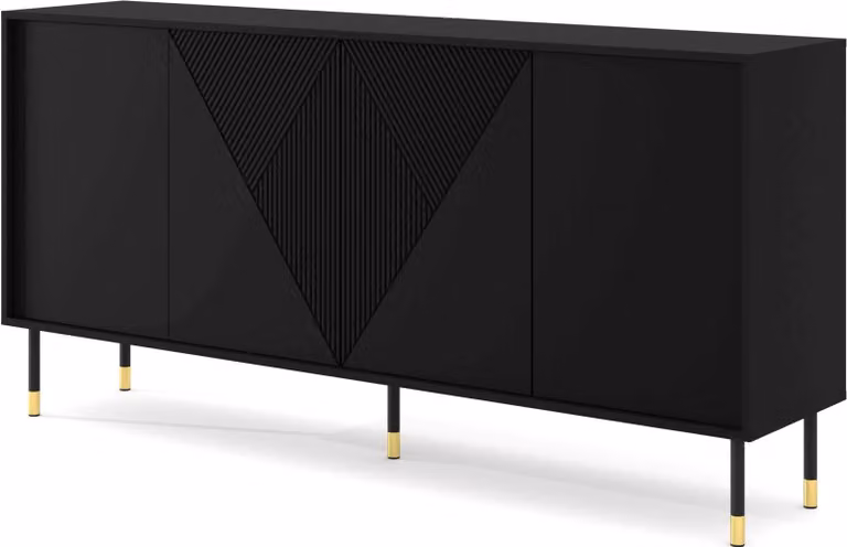 Comò WOODY BLACK 4D 180 cm NERO OPACO - frontali in MDF fresato - credenza alta su gambe
