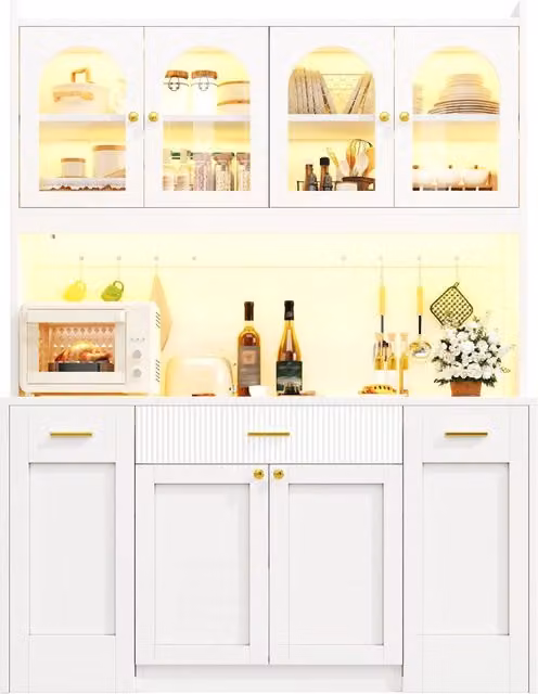 Mobile alto cucina 120 cm con LED RGB; 3 vetrine; cassetti e ripiani laterali estraibili; bianco