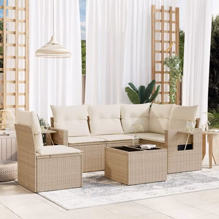vidaXL Set Divano da Giardino a L 6 pz in Polyrattan con Cuscini Beige e Tavolino da Esterno