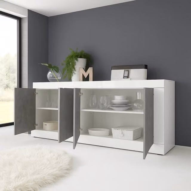 Madia Poli DMORA, Credenza moderna con 2 ripiani, Bianco lucido, L: 207 cm, P: 43 cm, H: 86 cm