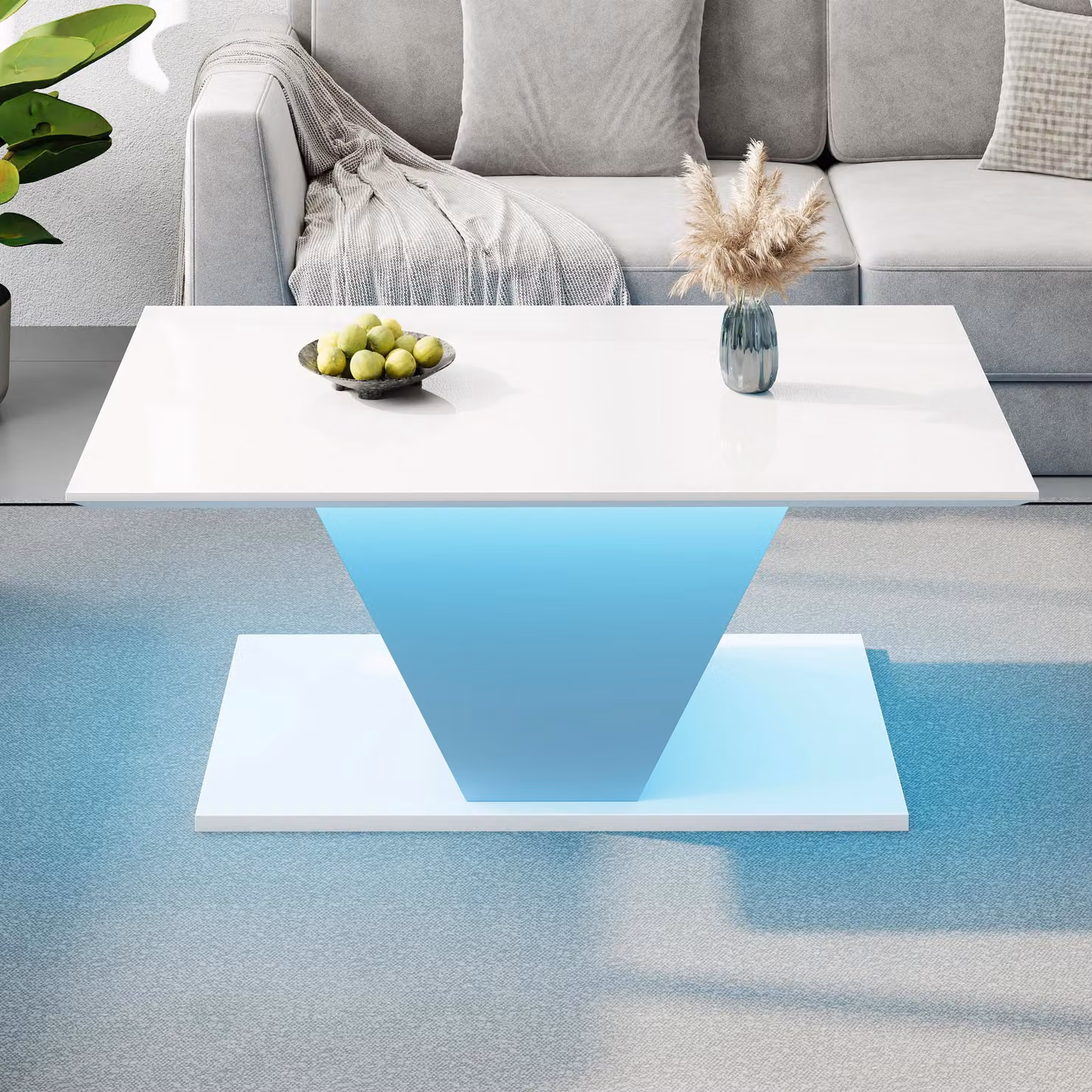 Tavolino Merax a forma di V con illuminazione a LED, tavolo da soggiorno di design scandi con superficie lucida, 100x50x46 cm, bianco