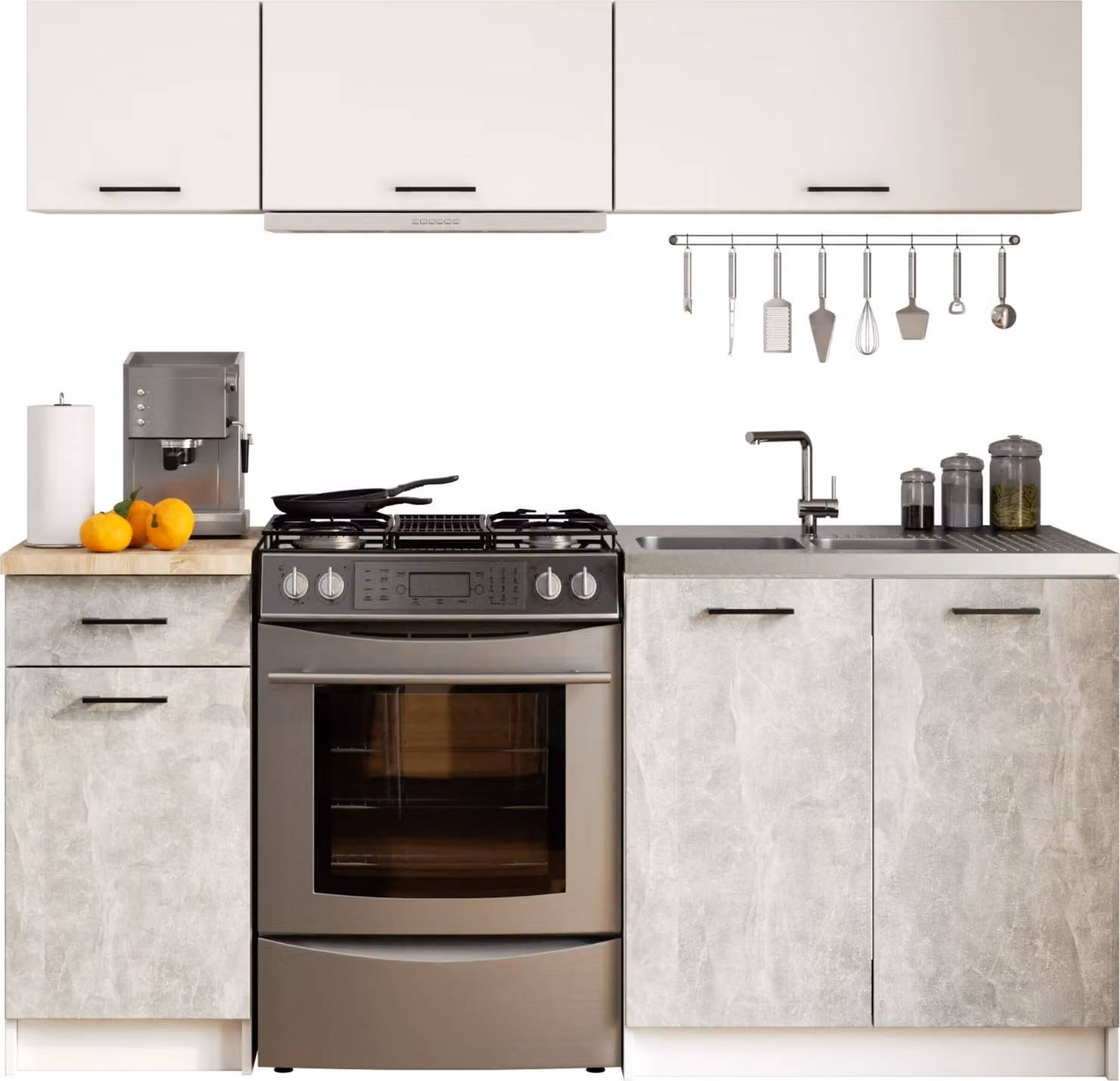 Set da cucina: un cassetto, sei ante, sei ripiani, colore: bianco cemento