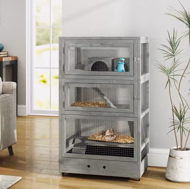 Gabbia per criceti nani in legno con 4 livelli, 65x45x109 cm, con casette, altalene, rampe e ciotole, colore grigio