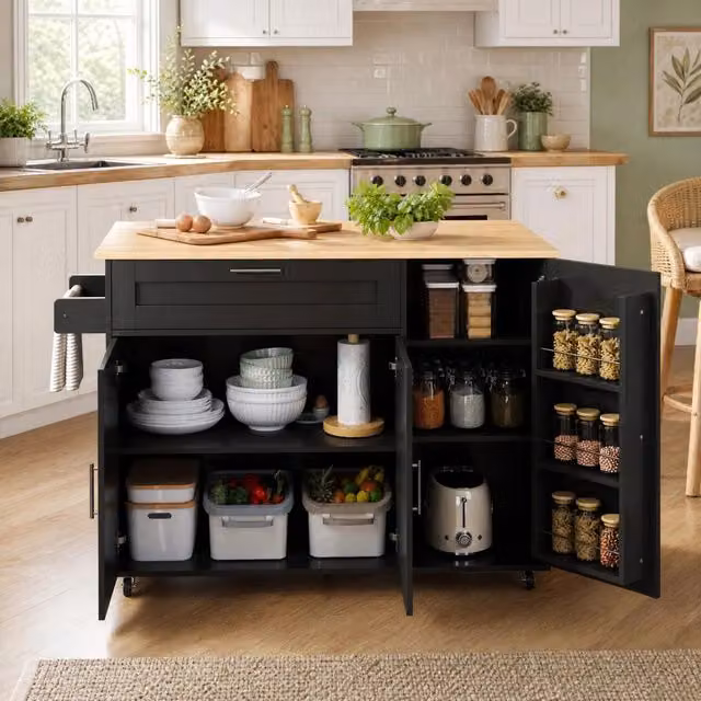 Carrello cucina con piano pieghevole effetto rovere; 5 ruote; MDF; nero e naturale; 132;5 x 44/70 x 90 cm