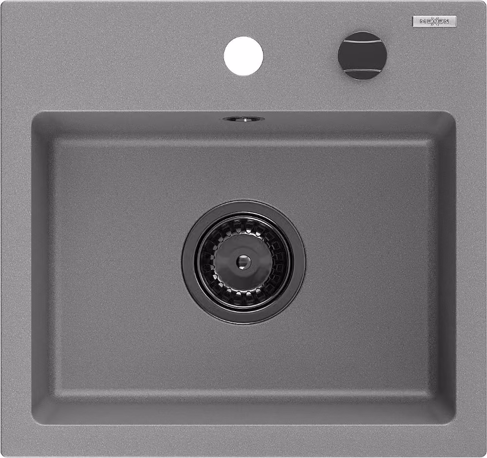 Mexen Milo lavello in granito 1-vasca 435 x 410 mm, grigio, sifone nero - 6505441000-71-B
