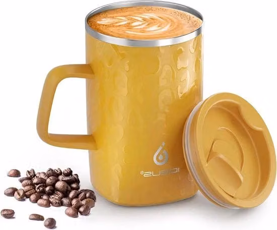 Mug termica in acciaio inossidabile e silicone con maniglia antiscivolo e coperchio, capacità 473 ml, colore giallo