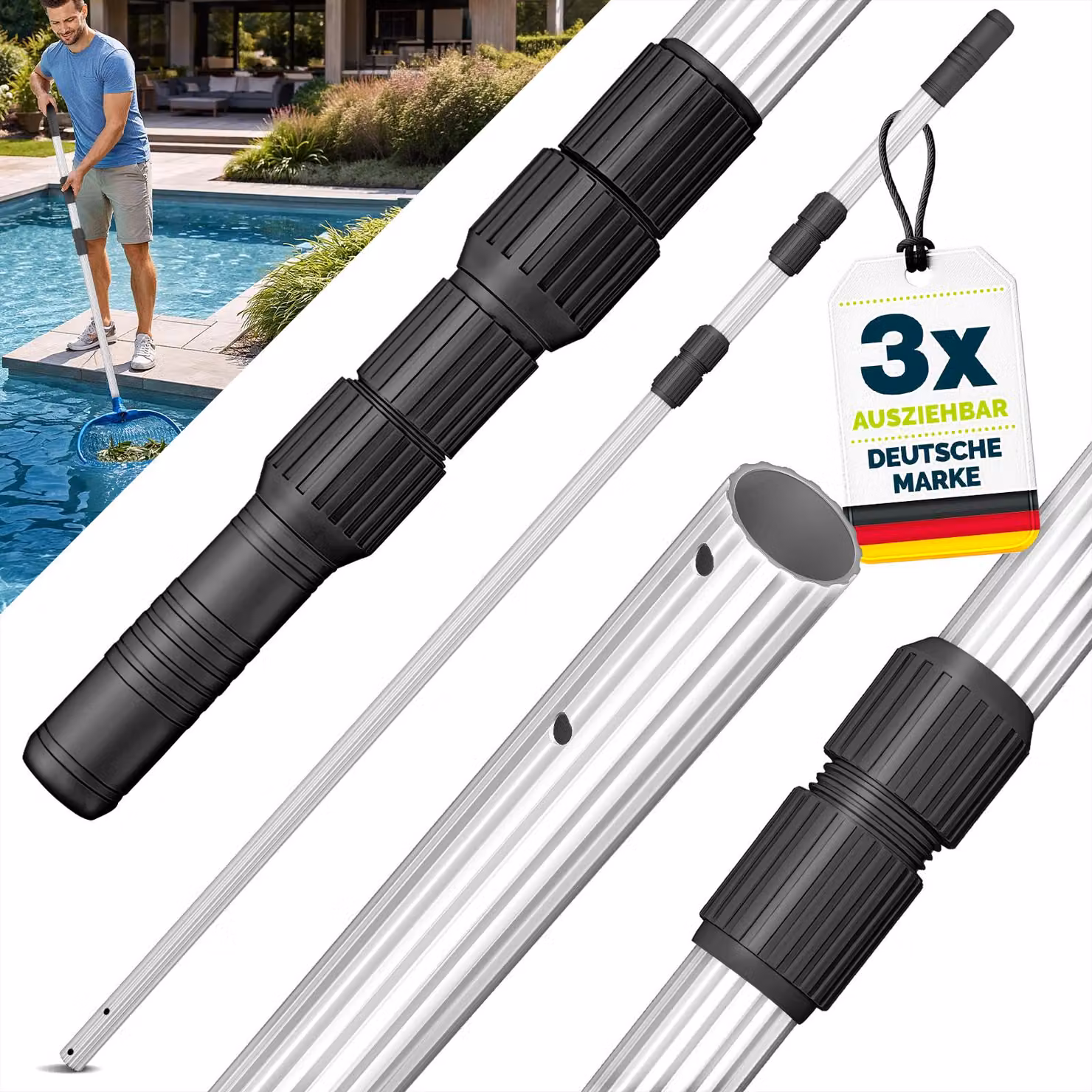 tillvex asta telescopica per piscina 1,20 - 3,60 m | asta per piscina in alluminio | asta per pulizia piscina 3 pezzi
