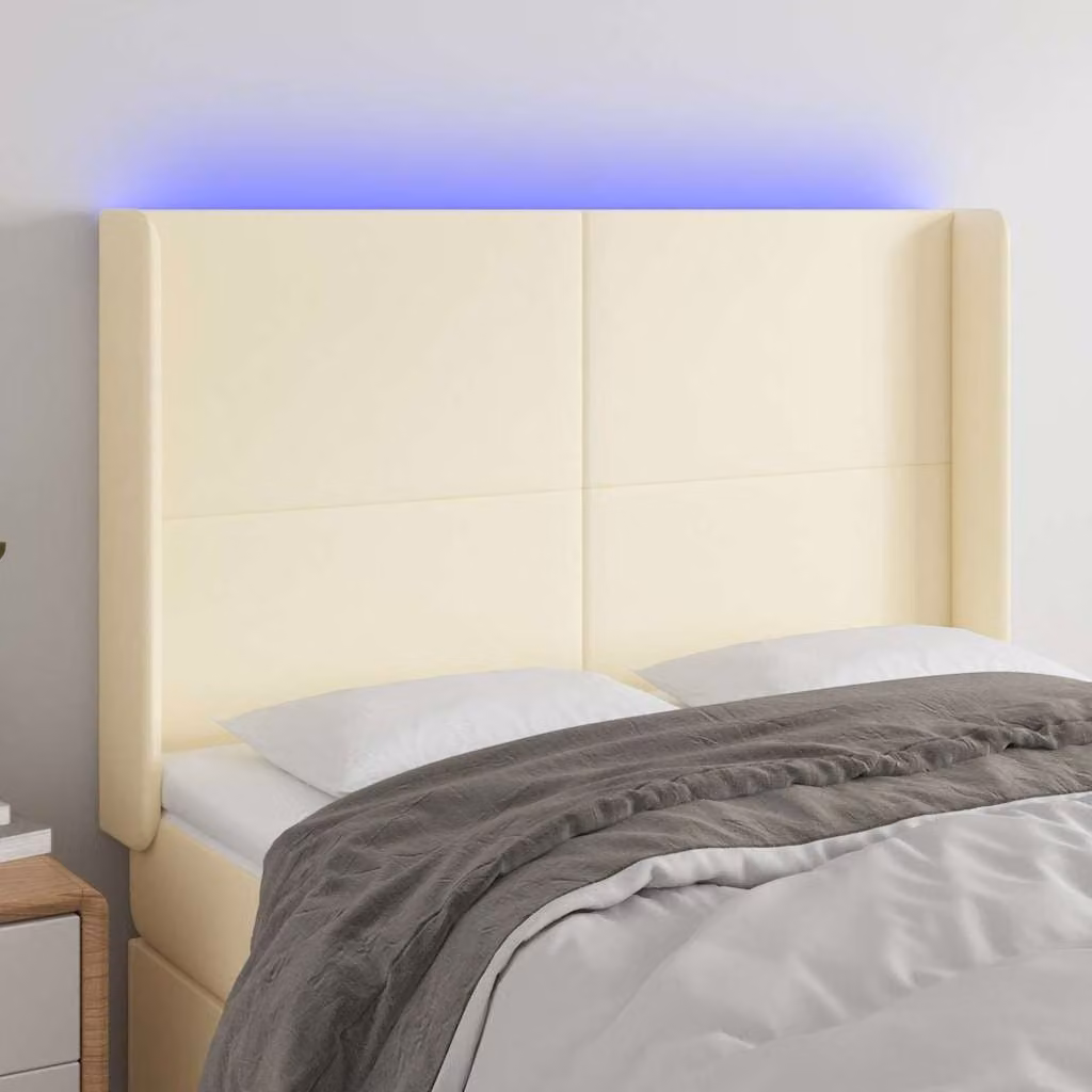 Testiera per letto vidaXL in similpelle beige con illuminazione LED e porta di ricarica USB, L: 147 cm, P: 16 cm, H: 118-128 cm