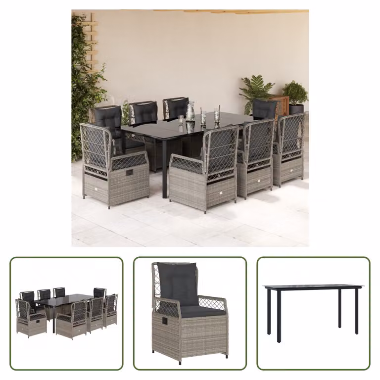 The Living Store Set da pranzo da giardino 9 pezzi con cuscini in poly rattan grigio chiaro