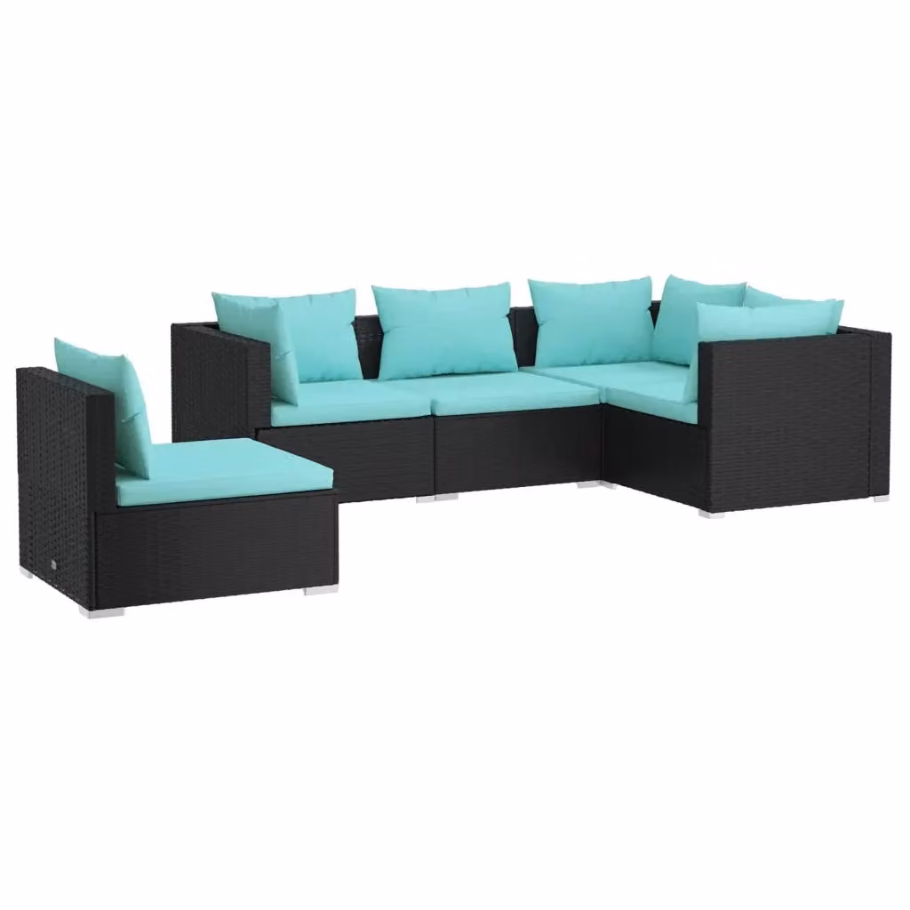 Set di Divani da Giardino a L vidaXL con Cuscini Blu e Nero in Polyrattan e Metallo – 2