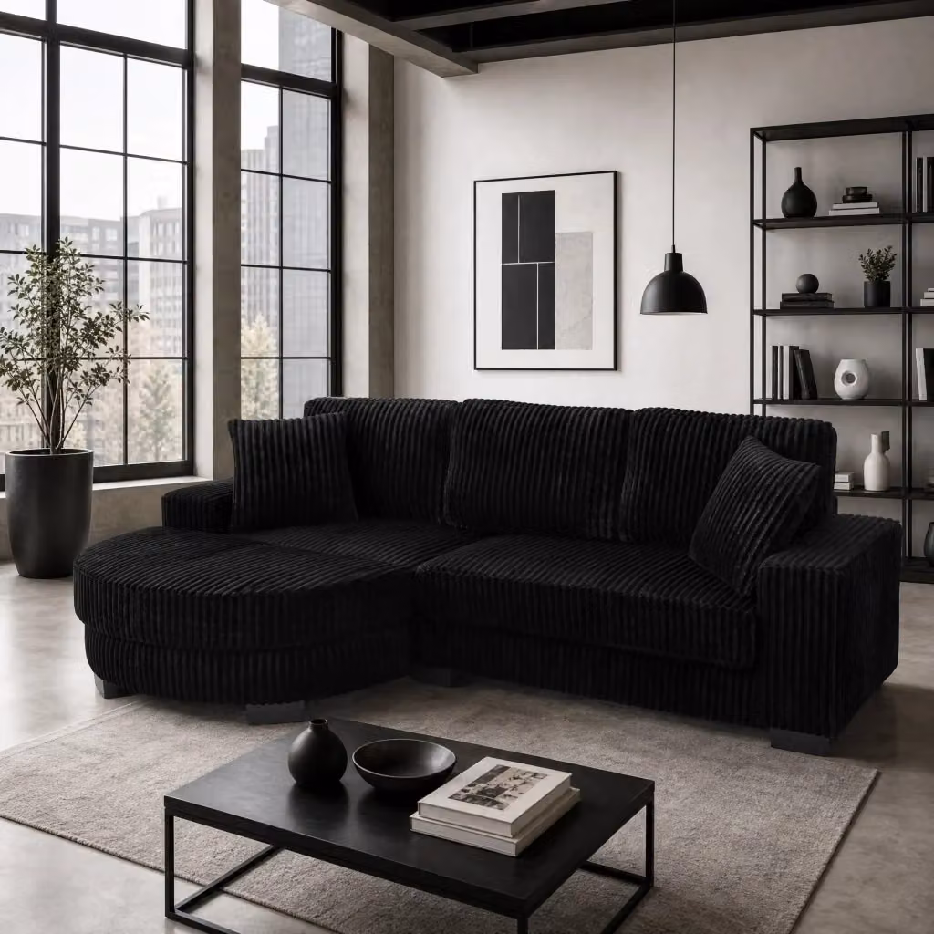 Divano angolare MIVRAY a 4 posti con pouf ovale reversibile in tessuto effetto velluto a coste nero H: 89 cm, L: 256.5 cm, P: 133.5 cm – 2