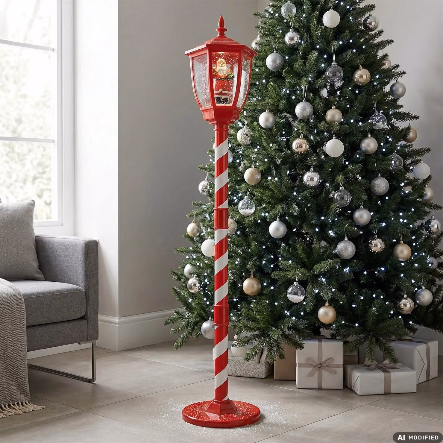Lampione Natalizio Luminoso Babbo Natale con Effetto Neve e Musica VESTIAMO CASA, Multicolore e Rosso, H: 150 cm, L: 30 cm, P: 30 cm – 2