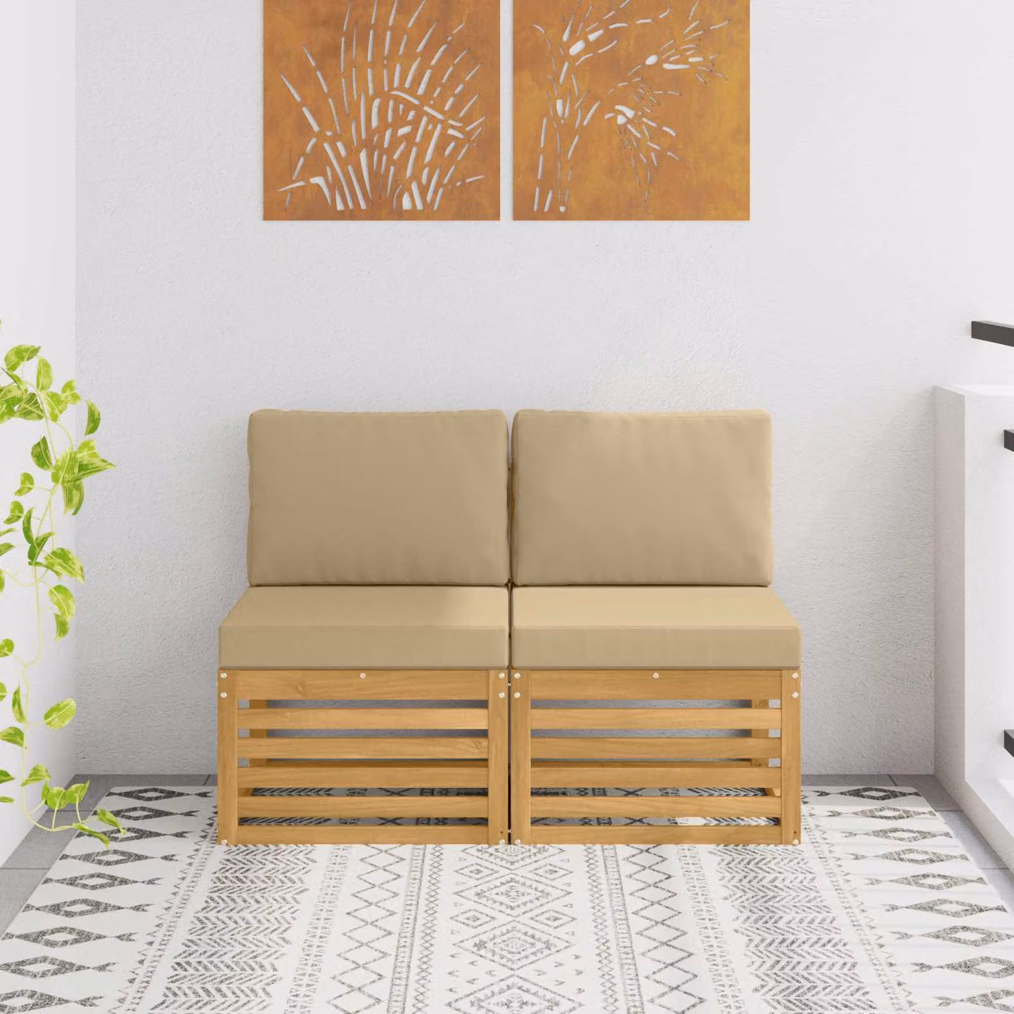 Set di 2 divani centrali da esterno vidaXL in legno di acacia massello con cuscini beige e bianchi